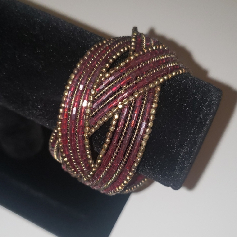 Red/Gold Braided Beaded Cuff Bracelet